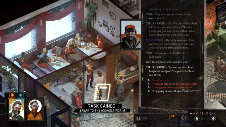 You must first complete the task Prove your authority to Titus Hardie - we have described it on a separate page of the guide - Disco Elysium: Speak to the assault victim - walkthrough - Motive - Disco Elysium Guide