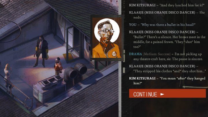 Klaasje will admit that she hasn't been really assaulted by the deceased mercenary - Disco Elysium: Speak to the assault victim - walkthrough - Motive - Disco Elysium Guide