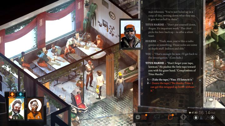 It's time to go back to Titus and tell him that Klaasje has confessed you the truth - Disco Elysium: Speak to the assault victim - walkthrough - Motive - Disco Elysium Guide