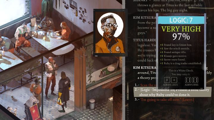 Talking to Titus will be far from easy because he believes that Ruby didn't shoot the mercenary - Disco Elysium: Make Titus give up Rubys location - walkthrough - Ruby and the shooter - Disco Elysium Guide