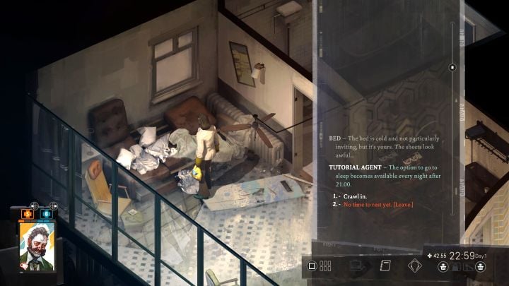 There is also a hidden option - sleeping in the dumpster - which we describe in detail in our trophy guide for the game - Disco Elysium: How not to pay for a night in Whirling-in-Rags? - FAQ - Disco Elysium Guide