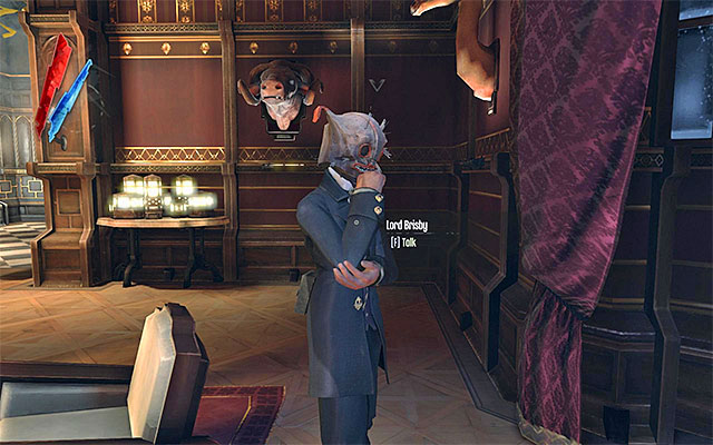 Remain on the ground floor and find Lord Brisby, that will ask you to listen to him (the above screenshot) - Identifying the target - Mission 5 - Lady Boyles Last Party - Dishonored - Game Guide and Walkthrough