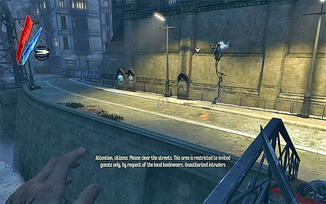 Regardless of how you cross the river, turn your attention now to the tall boy patrolling the street neighboring with the Boyle Estate - Exploring the Boyle Estate surroundings - Mission 5 - Lady Boyles Last Party - Dishonored - Game Guide and Walkthrough