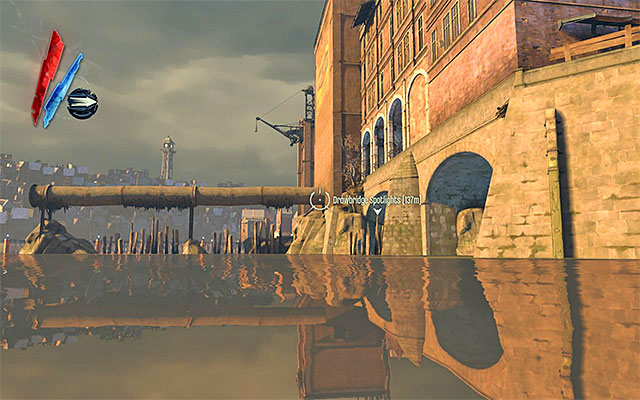 A less obvious way to go around the outpost is to swim up to the balcony visible in the above screenshot - Getting around the first outpost - Mission 4 - The Royal Physician - Dishonored - Game Guide and Walkthrough