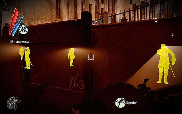 Regardless of how you got past the gate, you should stop for a moment and take a look around, because there are quite a few enemies in the area - Reaching the High Overseer Campbell's Office - Mission 2 - High Overseer Campbell - Dishonored - Game Guide and Walkthrough