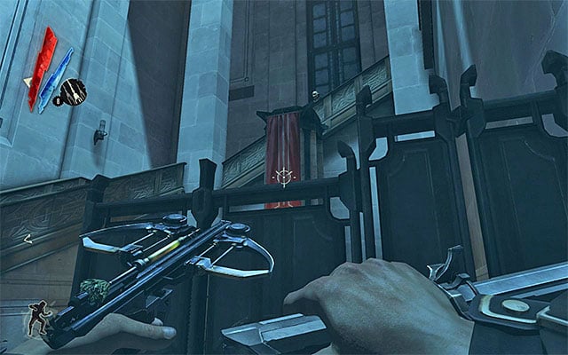 You can reach the first floor by using the stairs on both sides of the main entrance, assuming of course that you have started the exploration on the ground floor - Exploring the High Overseer Campbel's building - Mission 2 - High Overseer Campbell - Dishonored - Game Guide and Walkthrough