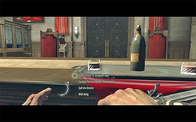 Variant 2) Another possible variant is to switch poison to Campbell's side so that Campbell drinks the poison - Choosing how to eliminate the High Overseer Campbell - Mission 2 - High Overseer Campbell - Dishonored - Game Guide and Walkthrough