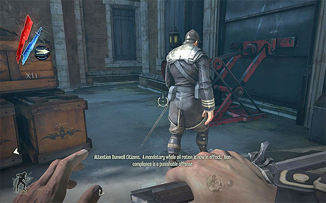 The area around the watchtower is patrolled by three or four guards and eliminating them may be somewhat tricky, because their paths intersect - Getting past the second watchtower - Mission 3 - House of Pleasure - Dishonored - Game Guide and Walkthrough