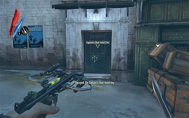 Varint two assumes going through the Captain's Chair Hotel, and it's only possible if you have performed the first quest received from Slackjaw (the Bottle Street Gang leader), because you need a hotel key (The Captains Chair hotel key) for that - Getting past the second watchtower - Mission 3 - House of Pleasure - Dishonored - Game Guide and Walkthrough