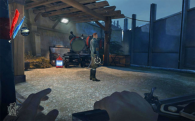 After you take the bridge neighboring with the wall of light, or passing under the bridge, you will end up around a police outpost guarded by a single enemy - Reaching the Dunwall Tower - Mission 6 - Return to the Tower - Dishonored - Game Guide and Walkthrough