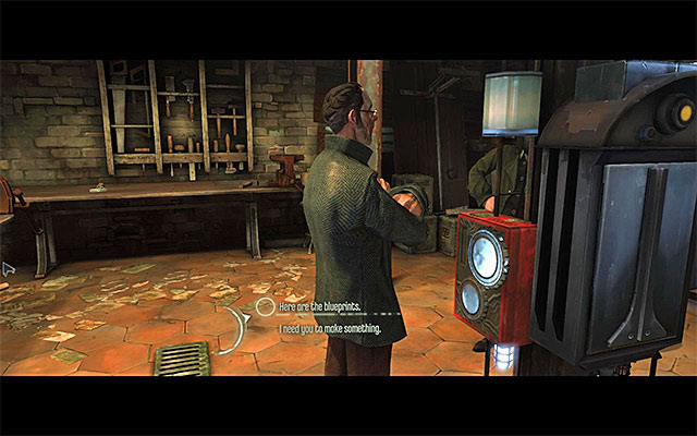 Since you already have the blueprint that you have collected from room 202 of the pub's building, you can talk to Piero right away and give them to him - Activating the arc pylon on the workshops roof - Mission 8 - The Loyalists - Dishonored - Game Guide and Walkthrough