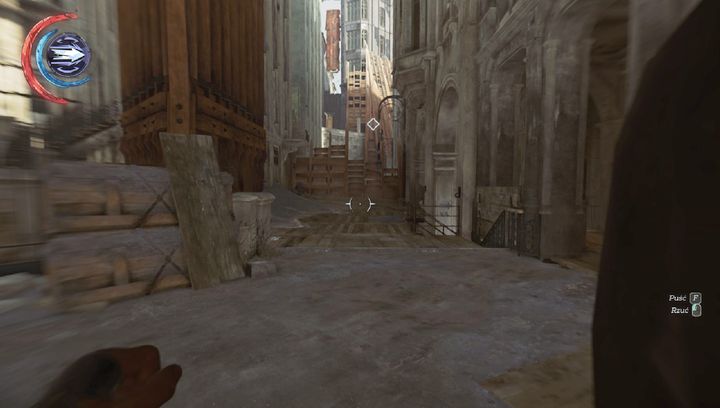 Overseers territory is straight ahead, while the entrance to the black market shop is on the right. - Get Overseer Byrnes body | Mission 6 - Mission 6 - Dust District - Dishonored 2 Game Guide