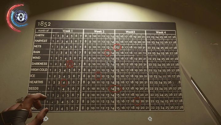 One of many calendars. In your case, the numbers may differ. - Get Overseer Byrnes body | Mission 6 - Mission 6 - Dust District - Dishonored 2 Game Guide