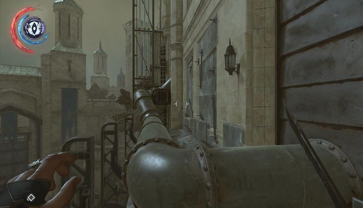 Jump onto the pipes and enter the safe room. - Find a way out of the streets of Dunwall | Mission 9 - Mission 9 - Death to the Empress - Dishonored 2 Game Guide