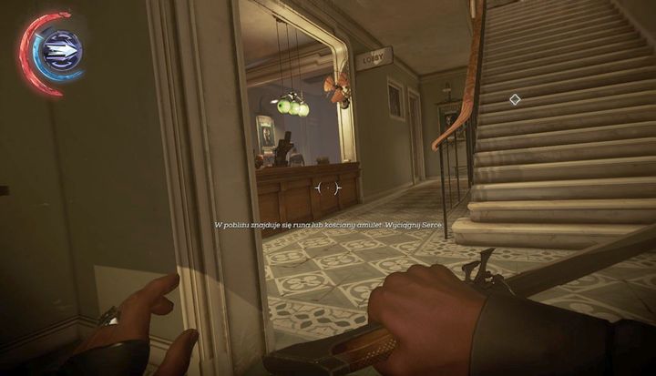 Crouch, stick to the wall on the left side and the guard wont be able to see you. - Enter the Clockwork Mansion | Mission 4 - Mission 4 - The Clockwork Mansion - Dishonored 2 Game Guide