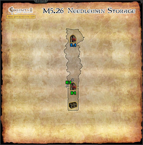K1 Key to door D1 - World Atlas - Map - Orobas Fjords - M5.26 Needleman Storage - World Atlas - Orobas Fjords - Divinity II: Ego Draconis - Game Guide and Walkthrough