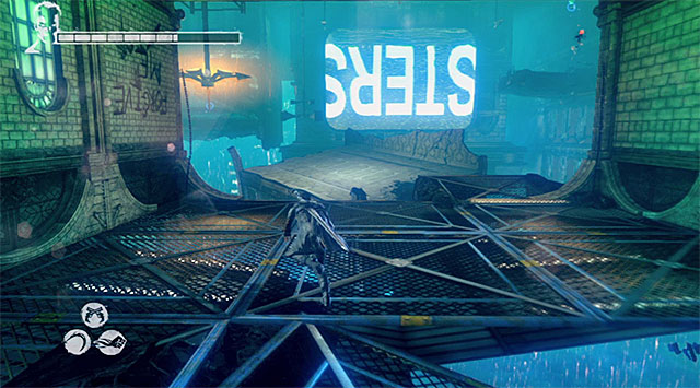 Your current target is shown on the screen above - Going through the first part of prison - 7: Overturn - DMC: Devil May Cry - Game Guide and Walkthrough