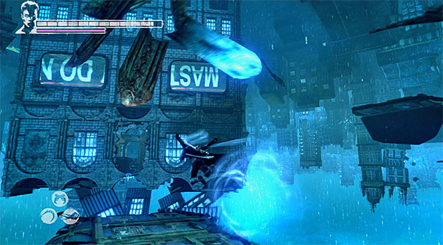 Find a new latch and grab it with Angel Lift and additionally use Angel Boost to get safely on a shelf - Returning to Phineas - 9: Devil Inside - DMC: Devil May Cry - Game Guide and Walkthrough