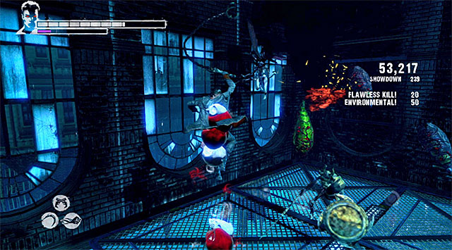 Battle here isnt easy, because you have to watch out for missing pieces of the floor and do not get pushed into abyss and what is more dont fight where you have no stable ground under your feet - Returning to Phineas - 9: Devil Inside - DMC: Devil May Cry - Game Guide and Walkthrough