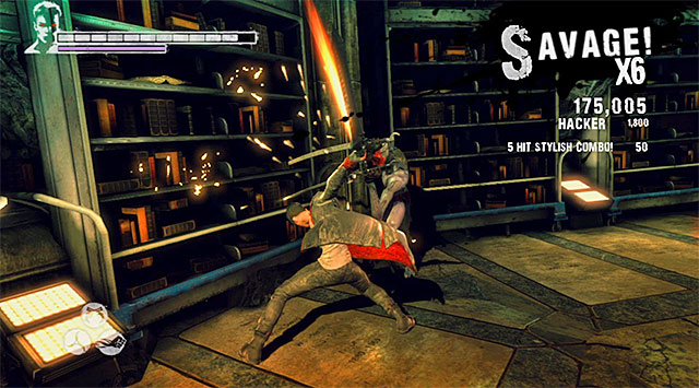 The best is to attack him after his failed attempt to hit you after the teleportation (screen above) - Final battle in the Orders base - 11: The Order - DMC: Devil May Cry - Game Guide and Walkthrough