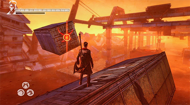 Jump onto a next container and use Demon Pull on the container which is on the cars way - Going through docks - 15: The Trade - DMC: Devil May Cry - Game Guide and Walkthrough