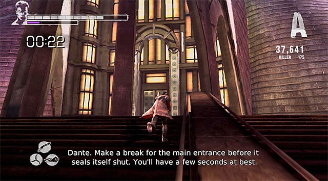 After watching a cut scene with Vergil eliminate quickly weaker monsters and rush for the tower - you have only 30 seconds to get inside Mundus building - Reaching Mundus tower - 16: The Plan - DMC: Devil May Cry - Game Guide and Walkthrough