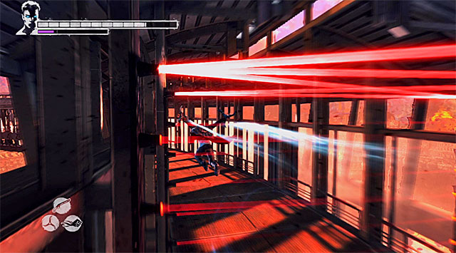 Avoiding the third group of lasers is a bit more difficult - Getting to the elevator on the 106th floor - 16: The Plan - DMC: Devil May Cry - Game Guide and Walkthrough