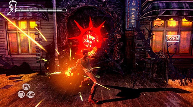 SECRET ROOM: If you repeating this mission with Eryx gauntlets from level six, you can use them to destroy a part of wall (screen above) - Going through the first part of the funfair - 1: Found - DMC: Devil May Cry - Game Guide and Walkthrough