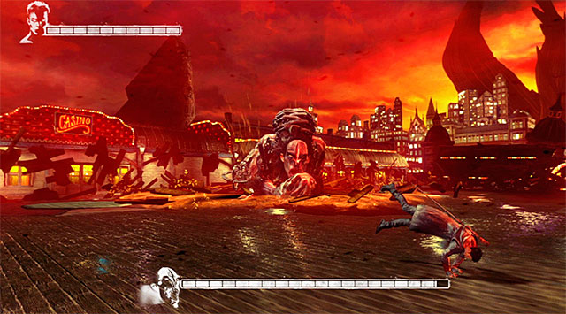 His second main attack is about to jump at you, so you have to be careful and avoid them - Boss: Hunter - 1: Found - DMC: Devil May Cry - Game Guide and Walkthrough