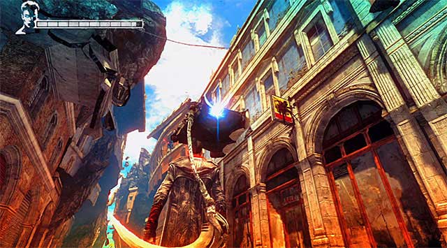 Place yourself as the screen shows and use angelic Pull to get onto a platform over you - Destroying the second camera - 4: Under Watch - DMC: Devil May Cry - Game Guide and Walkthrough