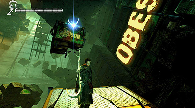 Next step is using Ophion Angel Lift where the screen shows - Going through the first warehouse - 5: Virility - DMC: Devil May Cry - Game Guide and Walkthrough