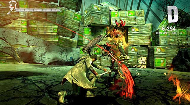 Go through container reaching a big platform - Main battle in the first warehouse - 5: Virility - DMC: Devil May Cry - Game Guide and Walkthrough