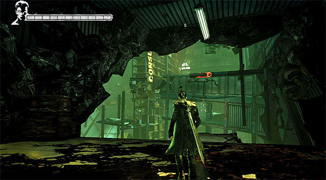 Jump down and continue your journey, destroying demonic shards on your way - Getting to the second warehouse - 5: Virility - DMC: Devil May Cry - Game Guide and Walkthrough