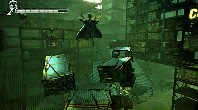 Turn right and jump onto next levitating shelves - Going through the second warehouse - 5: Virility - DMC: Devil May Cry - Game Guide and Walkthrough