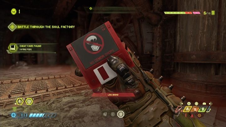 To get this floppy disk with the code, jump between moving chests and let the character fall as low as possible - Doom Eternal: Nekravol 1 secrets maps and location - Collectibles and secrets - Doom Eternal Guide