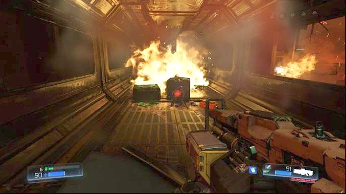 Walk forward and you will notice a ruined corridor below - Doom: Destroyed Argent Facility Walkthrough - Doom: Walkthrough - Doom Game Guide & Walkthrough