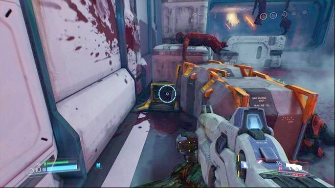 But before you jump down, first use the lever hidden behind the chests on the right - Doom: VEGA Central Processing Walkthrough - Doom: Walkthrough - Doom Game Guide & Walkthrough