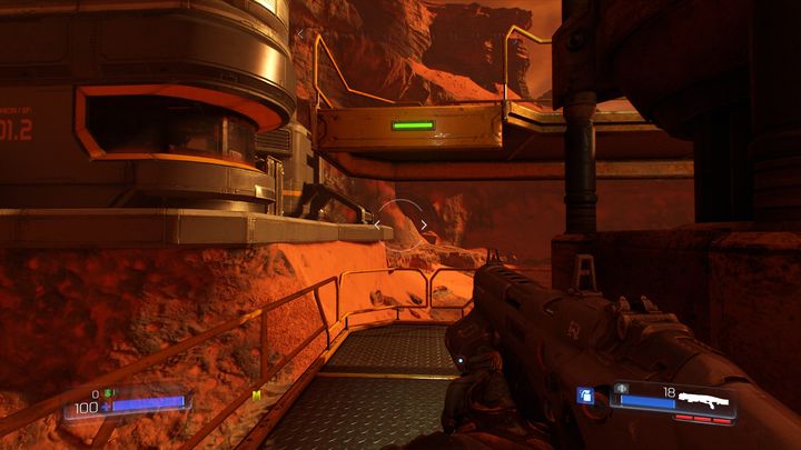 A good climbing point is marked by the green lights - Doom: Resource Operations Walkthrough - Doom: Walkthrough - Doom Game Guide & Walkthrough