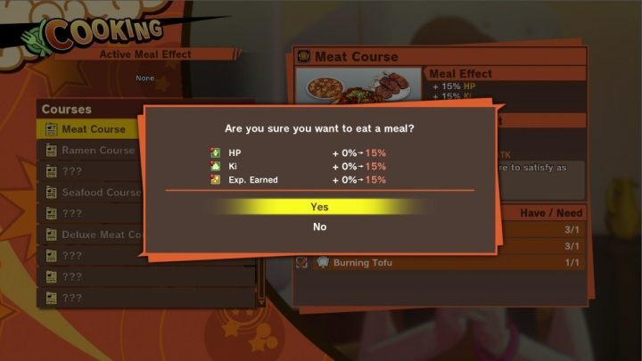 In this section of the guide, you will learn which full-course dishes you can make and which statistics are affected by them - Recipes | DBZ Kakarot basics - Basics - Dragon Ball Z Kakarot Guide