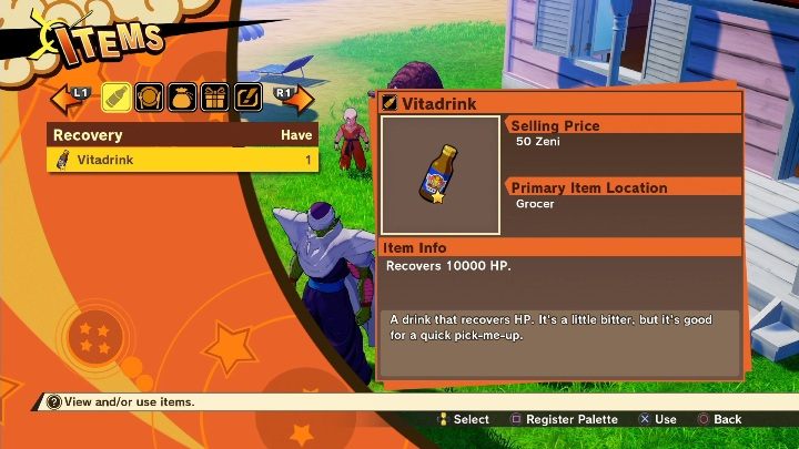 If you want to use items during combat, you must first place them in the available slots - Items | DBZ Kakarot basics - Basics - Dragon Ball Z Kakarot Guide