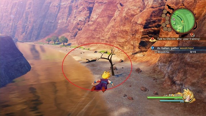 Each chip is located near a larger branch, making them easy to spot - Guardian Caretaker | Side mission in DBZ Kakarot - Android Terror Arrives - Dragon Ball Z Kakarot Guide