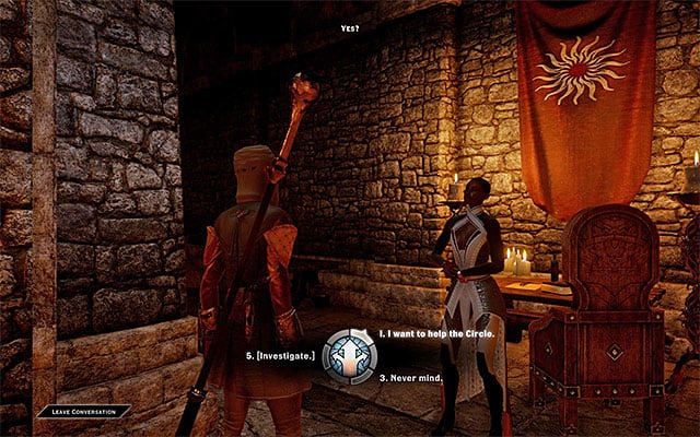 You need to express your willingness to help the Circle - Dragon Age Inquisition: Favors for the First Enchanter - The Inner Circle (companion quests) - Dragon Age: Inquisition Game Guide & Walkthrough