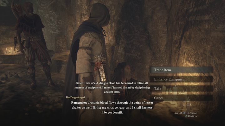 After talking to the man, you can select the "Enhance Equipment" option, which will take you to the equipment upgrade screen - Dragons Dogma 2: What are Wyrmslife Crystals used for? - Mechanics and Collectibles - Dragons Dogma 2 Guide