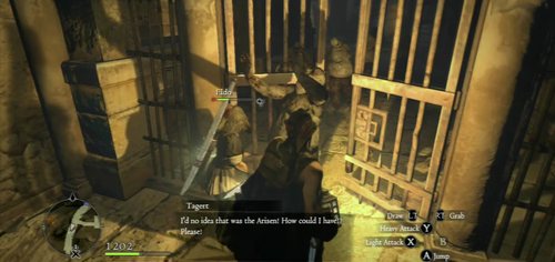 Run ahead until you reach a fork in the road, and open the gate (it's been closed, but now you have the key) - Rise of the Fallen - Act II - Dragons Dogma - Game Guide and Walkthrough