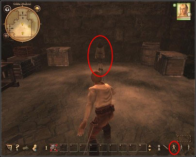 You have to approach the thief in the stealth mode, which can be selected from the menu at the right bottom corner. - Nadoret - for Rogues - p. 1 | Main quests - Main quests - Drakensang: The River of Time Game Guide