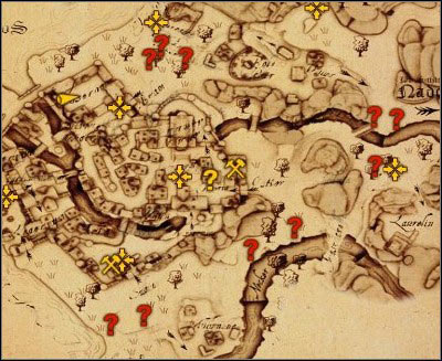 Red question mark (?) indicates a fireflies nest. - Nadoret - p. 3 | Side quests - Side quests - Drakensang: The River of Time Game Guide