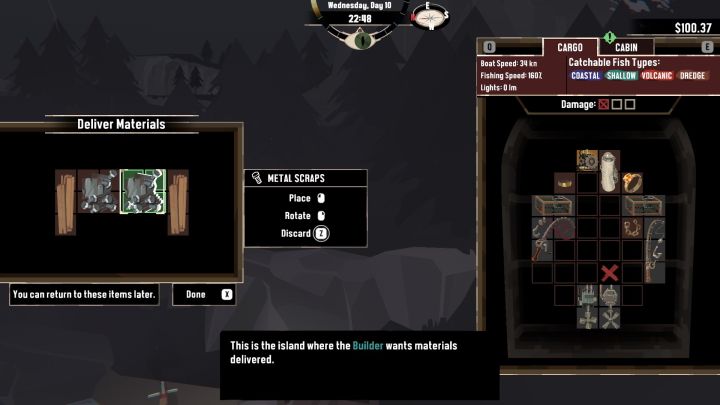 Enter the Material Pile and place Lumber and Metal Scraps in the respective slots on the left side of the screen - Dredge: A Place to Rest - Pursuits - Dredge Guide