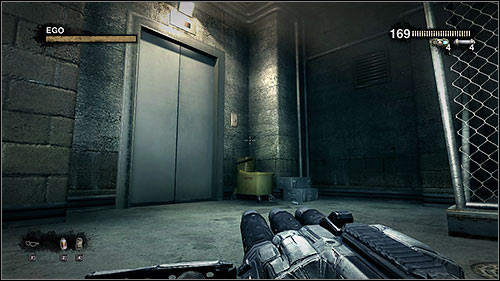 Inside the elevator, approach the button by going along the handrail - 17.2. The Shrunk Machine: Part 2 - Campaign - Duke Nukem Forever - Game Guide and Walkthrough