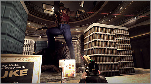 After setting the arm, use the Alien Attack button to lower the building models and use them to get onto the statue - 5.3. The Lady Killer: Part 3 - Campaign - Duke Nukem Forever - Game Guide and Walkthrough