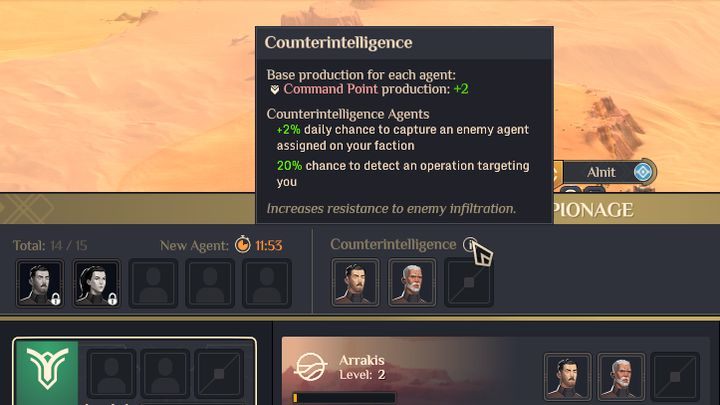 Counterintelligence is a task that you can assign your agents to in order to take advantage of defensive actions - Dune Spice Wars: Espionage, Counterintelligence, Infiltrations and Missions - Basics - Dune Spice Wars Guide